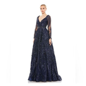 MAC DUGGAL LONG SLEEVE EMBELLISHED EVENING GOWN IN MIDNIGHT BLUE 67113 SIZE 18